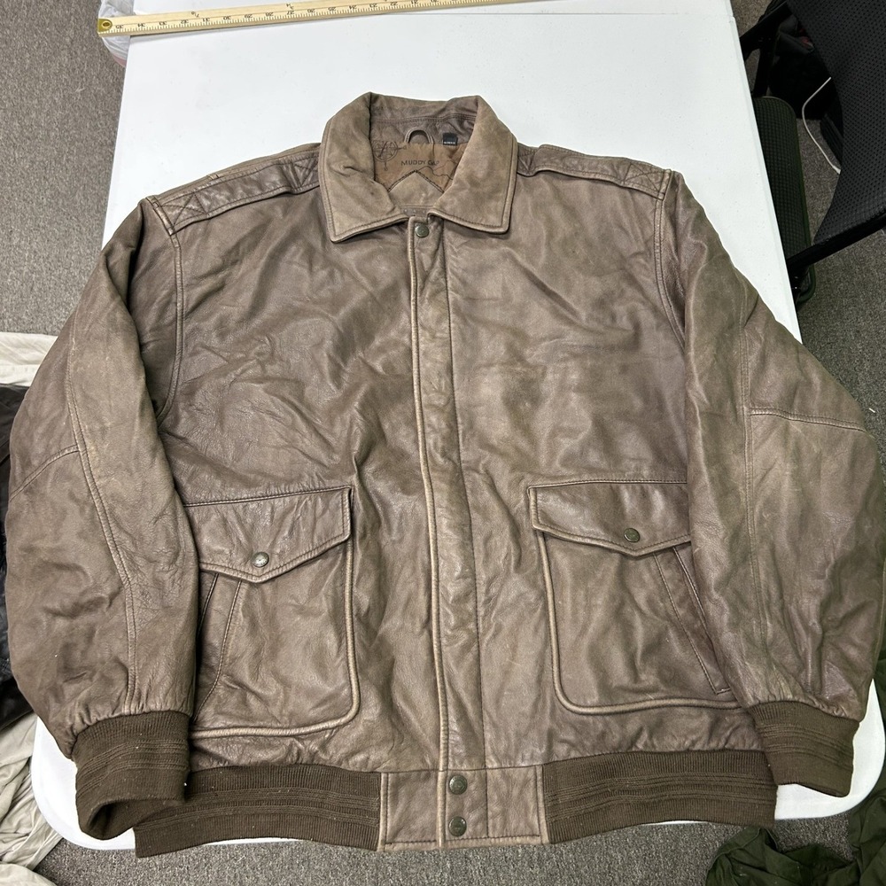 Roundtree & Yorke Bomber Jacket Mens XL Brown Leather Map Print Lining H1